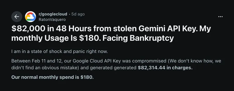 LLMHorrors | Stolen Gemini API key racks up $82,000 in 48 hours