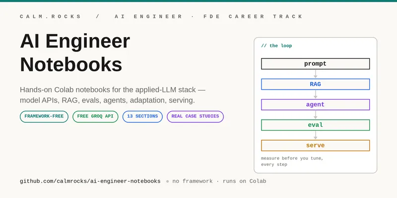 GitHub - calmrocks/ai-engineer-notebooks: Hands-on, framework-free Colab notebooks for the AI Engineer / Forward Deployed Engineer (FDE) skill set — model APIs, structured output, tool calling, RAG, evals-as-the-spine, agents (loop from scratch, tool design, guardrails, MCP, Skills), fine-tuning vs LoRA, prompt-injection/security, LLMOps, and customer craft. Runs on the free Groq API.