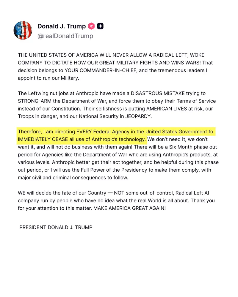 XユーザーのThe White Houseさん: 「"THE UNITED STATES OF AMERICA WILL NEVER ALLOW A RADICAL LEFT, WOKE COMPANY TO DICTATE HOW OUR GREAT MILITARY FIGHTS AND WINS WARS! That decision belongs to YOUR COMMANDER-IN-CHIEF, and the tremendous leaders I appoint to run our Military. The Leftwing nut jobs at Anthropic https://t.co/aIEx92nnyx」 / X
