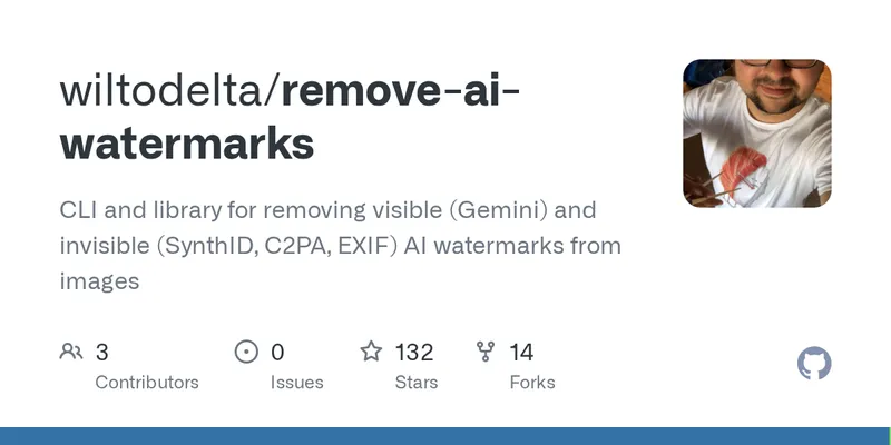 GitHub - wiltodelta/remove-ai-watermarks: CLI and library for removing visible (Gemini) and invisible (SynthID, C2PA, EXIF) AI watermarks from images