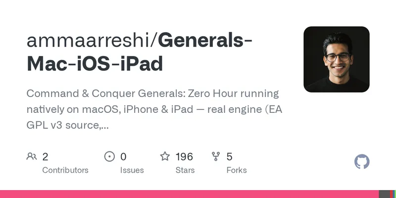 GitHub - ammaarreshi/Generals-Mac-iOS-iPad: Command & Conquer Generals: Zero Hour running natively on macOS, iPhone & iPad — real engine (EA GPL v3 source, via GeneralsX), DXVK/MoltenVK renderer, RTS touch controls. No game assets included.